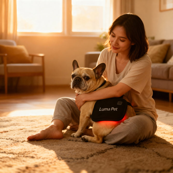 Owner comforting a dog through an IVDD flare-up at home with the LumaPet pad